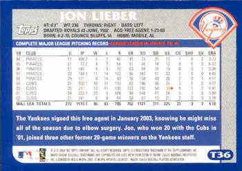 2003 Topps Traded & Rookies #T36 Jon Lieber Back