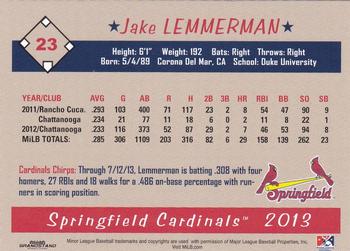 2013 Grandstand Springfield Cardinals SGA #NNO Jake Lemmerman Back