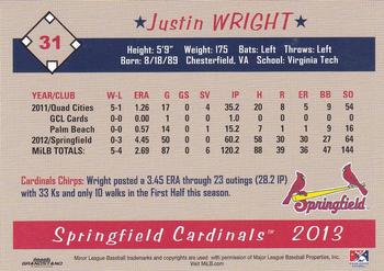 2013 Grandstand Springfield Cardinals SGA #NNO Justin Wright Back