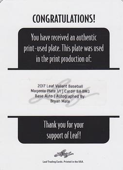 2017 Leaf Valiant - Printing Plates Magenta #BA-BM3 Bryan Mata Back