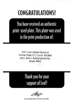 2017 Leaf Valiant - Printing Plates Yellow #BA-BM3 Bryan Mata Back