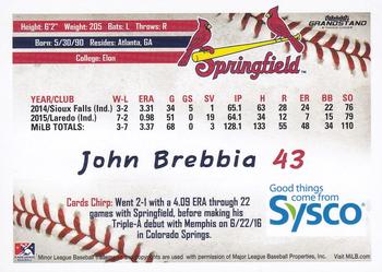 2016 Grandstand Sysco Springfield Cardinals #NNO John Brebbia Back