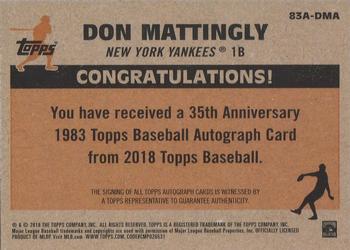 2018 Topps - 1983 Topps Baseball 35th Anniversary Autographs (Series One) #83A-DMA Don Mattingly Back
