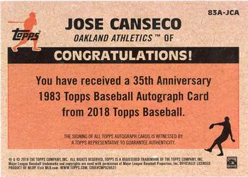 2018 Topps - 1983 Topps Baseball 35th Anniversary Autographs (Series One) #83A-JCA Jose Canseco Back