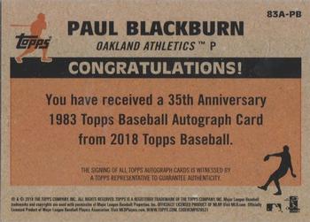 2018 Topps - 1983 Topps Baseball 35th Anniversary Autographs (Series One) #83A-PB Paul Blackburn Back