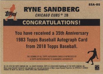 2018 Topps - 1983 Topps Baseball 35th Anniversary Autographs (Series One) #83A-RS Ryne Sandberg Back