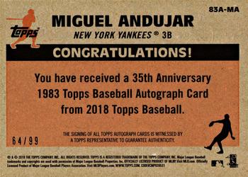 2018 Topps - 1983 Topps Baseball 35th Anniversary Autographs Black (Series One) #83A-MA Miguel Andujar Back
