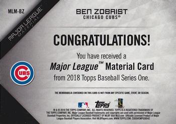 2018 Topps - Major League Material Relics Black (Series 1) #MLM-BZ Ben Zobrist Back