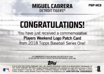 2018 Topps - Players Weekend Patch #PWP-MCB Miguel Cabrera Back