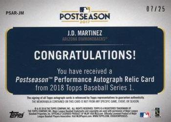 2018 Topps - Postseason Performance Autograph Relics Red #PSAR-JM J.D. Martinez Back