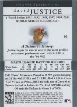 2003 Topps Tribute World Series #61 David Justice Back