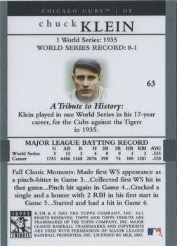 2003 Topps Tribute World Series #63 Chuck Klein Back