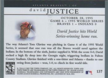2003 Topps Tribute World Series #137 David Justice Back