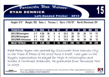 2013 Grandstand Pensacola Blue Wahoos #7 Ryan Dennick Back