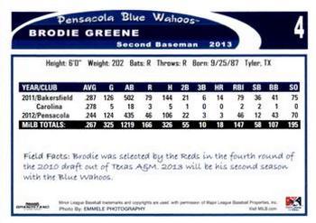 2013 Grandstand Pensacola Blue Wahoos #11 Brodie Greene Back