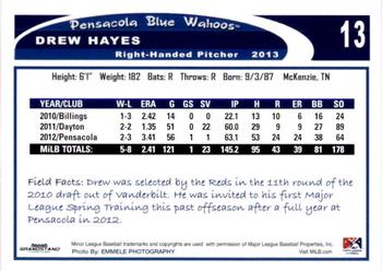 2013 Grandstand Pensacola Blue Wahoos #12 Drew Hayes Back