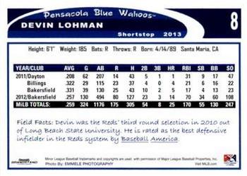 2013 Grandstand Pensacola Blue Wahoos #16 Devin Lohman Back