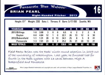 2013 Grandstand Pensacola Blue Wahoos #22 Brian Pearl Back