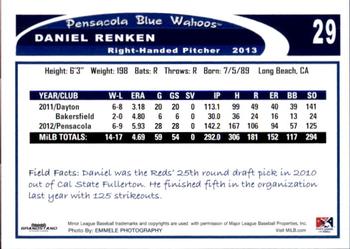 2013 Grandstand Pensacola Blue Wahoos #24 Daniel Renken Back