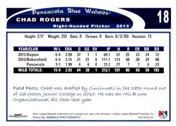 2013 Grandstand Pensacola Blue Wahoos #26 Chad Rogers Back