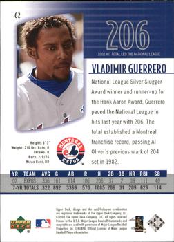 2003 UD Authentics #62 Vladimir Guerrero Back