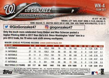 2018 Topps Washington Nationals #WN-4 Gio Gonzalez Back