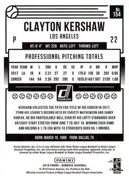 2018 Donruss #154 Clayton Kershaw Back