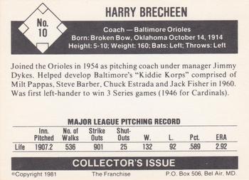 1981 Franchise 1966 Baltimore Orioles #10 Harry Brecheen Back