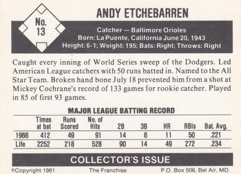 1981 Franchise 1966 Baltimore Orioles #13 Andy Etchebarren Back
