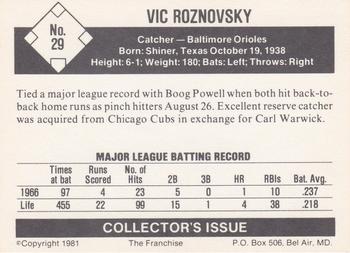 1981 Franchise 1966 Baltimore Orioles #29 Vic Roznovsky Back