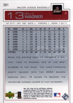 2003 Upper Deck #381 Billy Wagner Back
