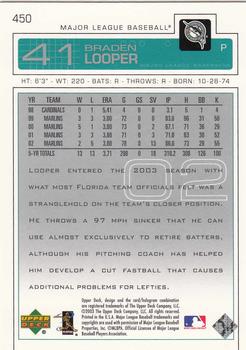 2003 Upper Deck #450 Braden Looper Back