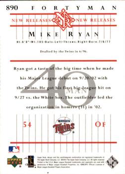 2003 Upper Deck 40-Man #890 Mike Ryan Back