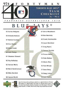 2003 Upper Deck 40-Man #974 Toronto Blue Jays Back