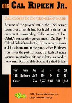 1996 Classic Cal Ripken Jr. Baseball's All-Time Ironman #CR6 Cal Ripken Jr. Back