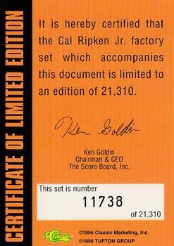 1996 Classic Cal Ripken Jr. Baseball's All-Time Ironman #NNO Cal Ripken Jr. Back