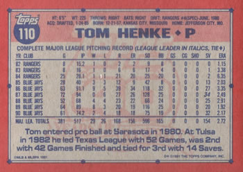 1991 Topps #110 Tom Henke Back