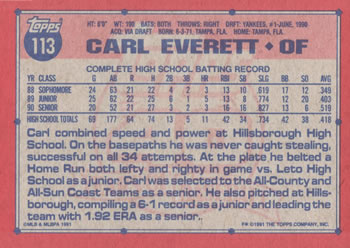 1991 Topps #113 Carl Everett Back