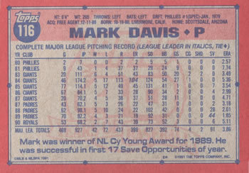 1991 Topps #116 Mark Davis Back