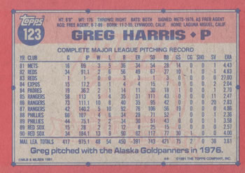 1991 Topps #123 Greg Harris Back