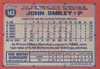 1991 Topps #143 John Smiley Back