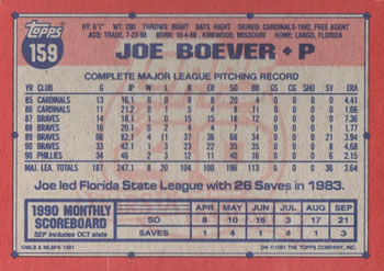 1991 Topps #159 Joe Boever Back