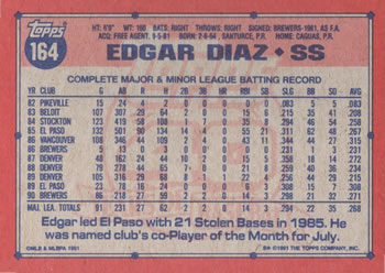 1991 Topps #164 Edgar Diaz Back