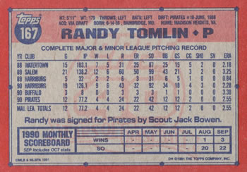 1991 Topps #167 Randy Tomlin Back
