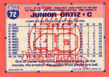 1991 Topps #72 Junior Ortiz Back