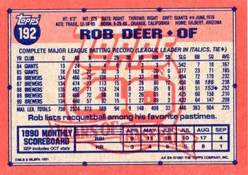1991 Topps #192 Rob Deer Back