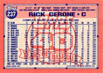 1991 Topps #237 Rick Cerone Back