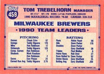 1991 Topps #459 Tom Trebelhorn Back