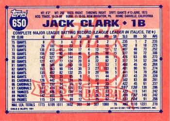 1991 Topps #650 Jack Clark Back