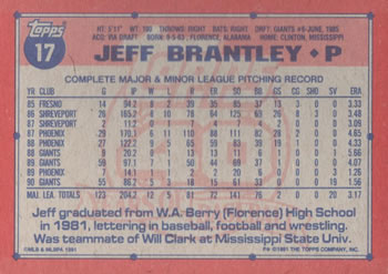 1991 Topps #17 Jeff Brantley Back